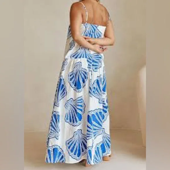 Vestidos Seashell Print Drop Waist Maxi Dress White Blue Size Small - Picture 3 of 7